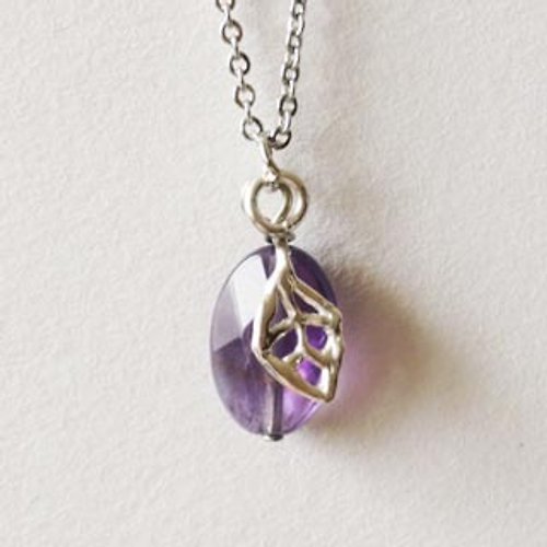 ElinaKung 天然寶石紫水晶手工樹葉植物純銀項鍊