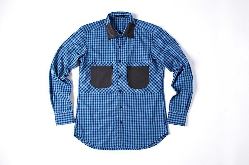 Stone'As Leather Plaid Shirt / leather stitching plaid Plaid Shirt - เสื้อเชิ้ตผู้ชาย - ผ้าฝ้าย/ผ้าลินิน สีน้ำเงิน
