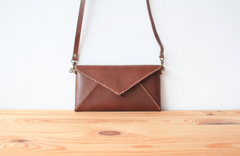 Shekinah Handmade Leather - Envelope Magnetic Clip Long Clip with Adjustable Strap and Inner Bag - Wallets - Genuine Leather Brown