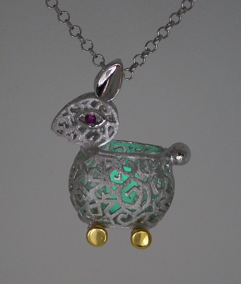 HK077~ 925 Silver Rabbit Shaped Lantern Pendant With 18 inches Silver Necklace - สร้อยติดคอ - เงิน สีเงิน