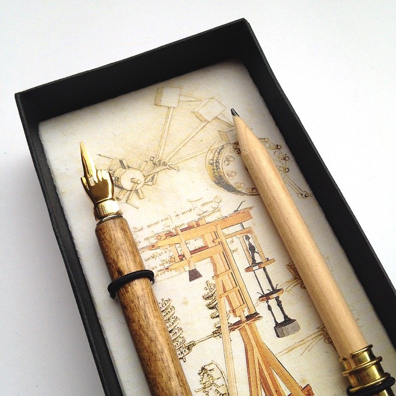 LEVI05  Leonardo da Vinci Writing Set- nib+pencil-holder+ ink / Francesco Rubina - Dip Pens - Wood Brown