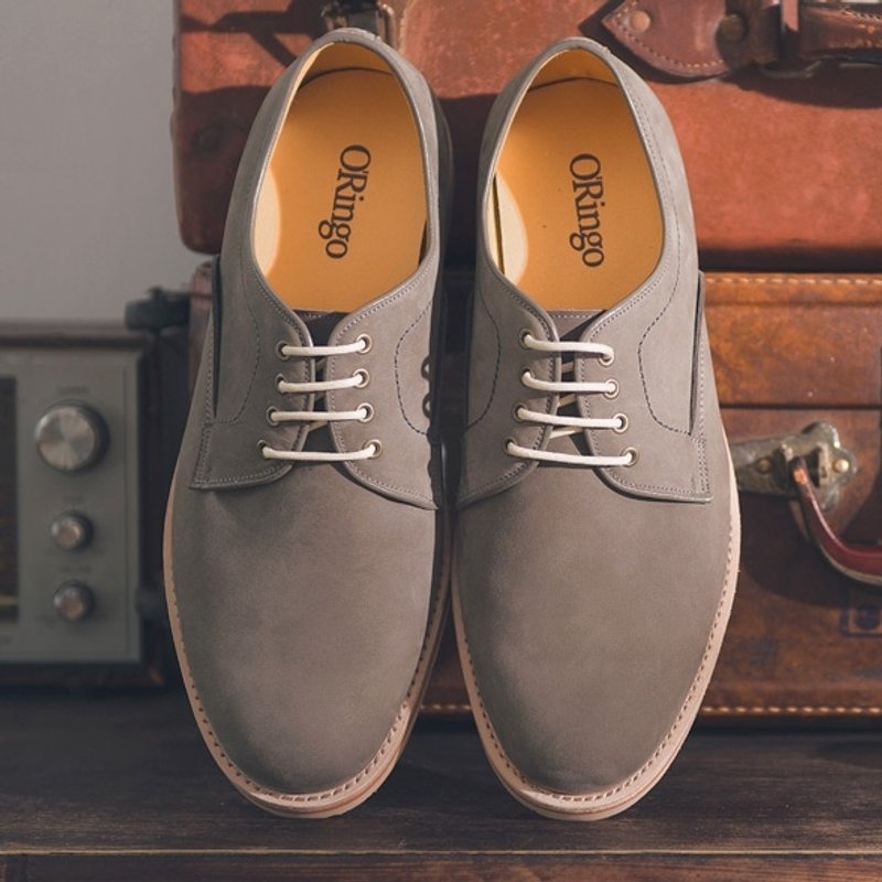 Nubuck Derby handmade rubber-soled shoes gray fog │ - รองเท้าลำลองผู้ชาย - หนังแท้ สีเทา