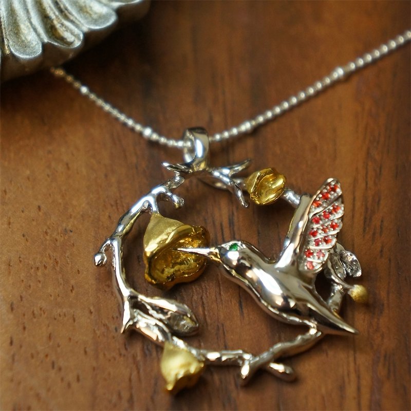 *ONLY ONE*♦NINA SHIH JEWELRY ♦Le Bee::Pure silver inlaid Stone hummingbird necklace - สร้อยคอ - เครื่องเพชรพลอย สีส้ม