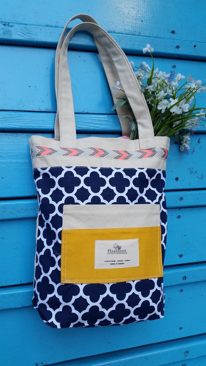 Nordic style dark navy blue ribbon embroidered geometric patterns bag / handbag / shoulder bag / cotton canvas / handmade - Messenger Bags & Sling Bags - Other Materials Blue
