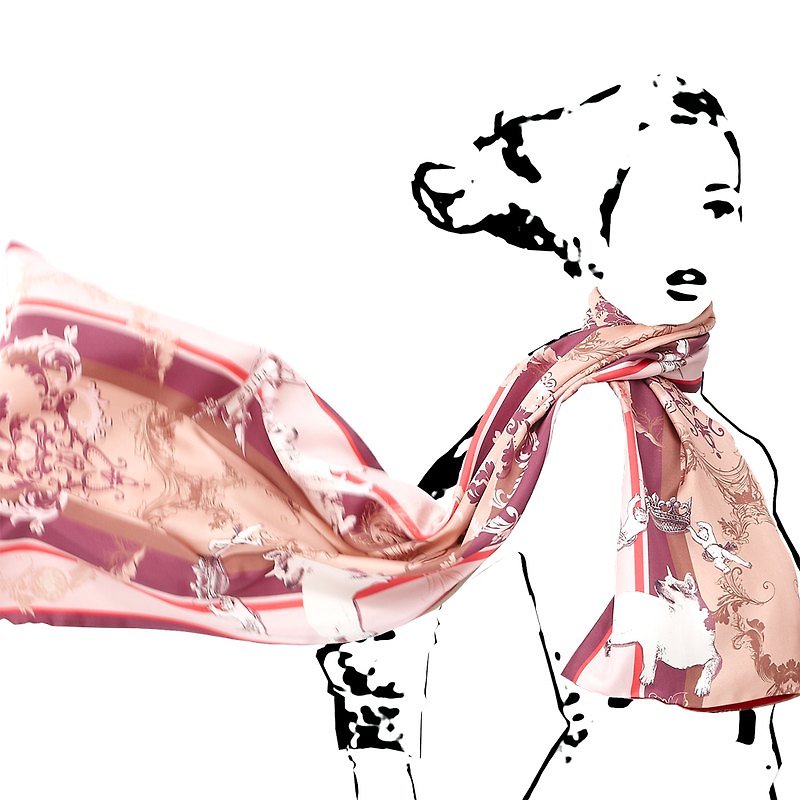 法式復古動物花紋 - 酒紅巴黎柴犬(雙面絲巾) - 絲巾 - 其他材質 紅色