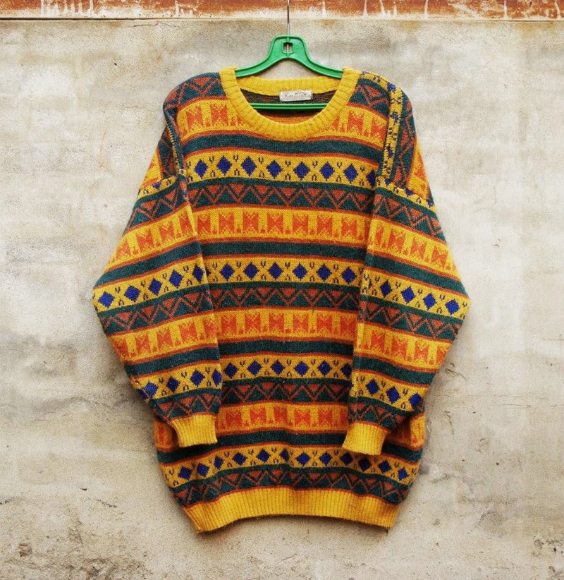 黃格子幾何毛衣 -脫臼古著- - Men's Sweaters - Other Materials Yellow