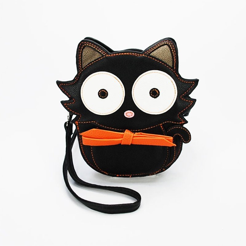 Sleepyville Critters - Premium Cat Shoulder Bag with bow - กระเป๋าแมสเซนเจอร์ - หนังแท้ สีดำ