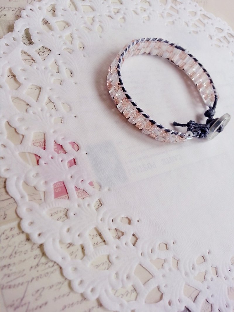 White cube transparent and light pink transparent color separated by Japanese glass beads hand-woven rope - Bracelets - Glass 