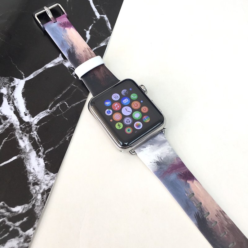 Designer Apple Watch band for All Series - Waterpaint abstract color White - สายนาฬิกา - หนังแท้ 