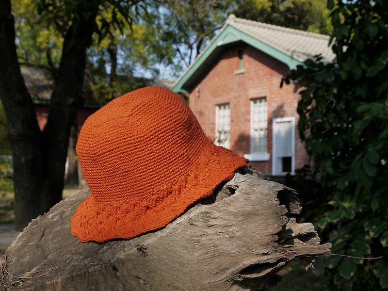 阿母の手作帽-松編漁夫帽-復古橘/暗橘 - 帽子 - 其他材質 橘色