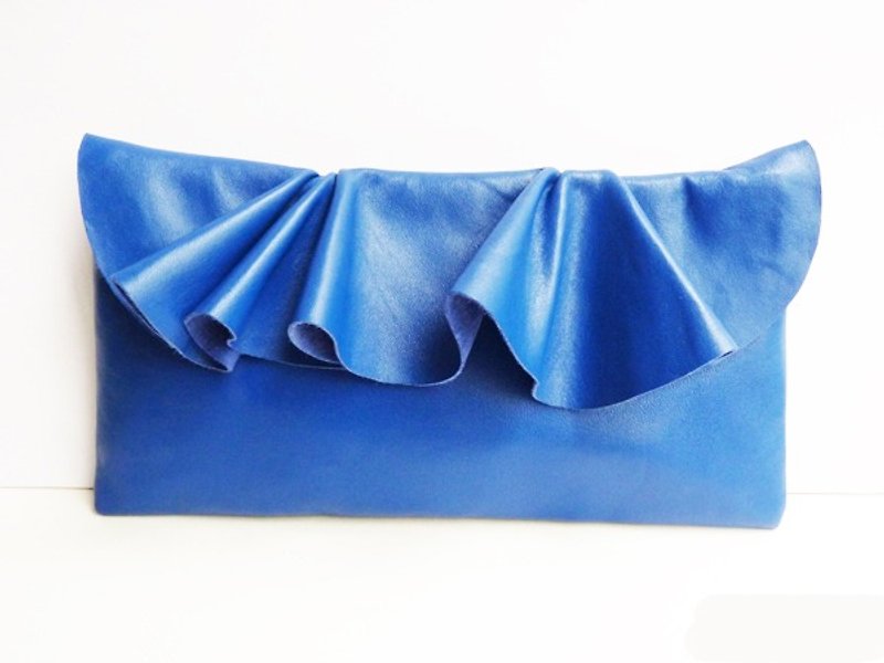 Leather Ruffle Clutch Bag(S-size) in Cobalt by Vicki From Europe - クラッチバッグ - 革 