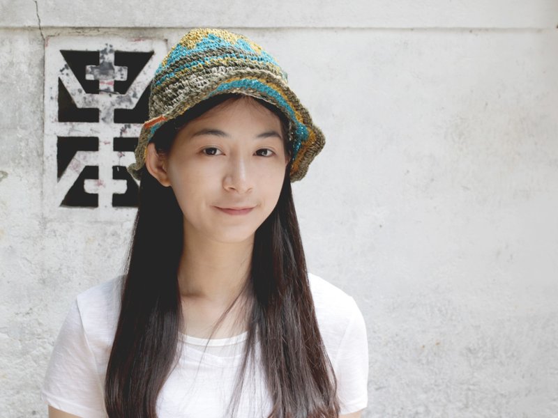 OMAKE Nepalese hand-woven hats HEMP (left Figure V orange line paragraph) - หมวก - งานปัก สีส้ม