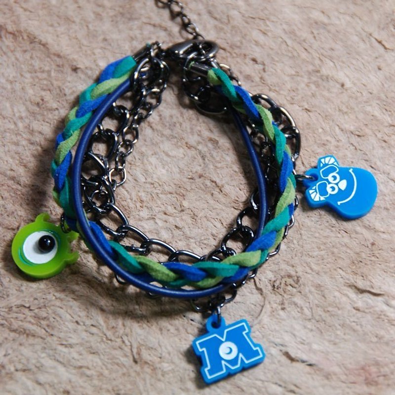 好朋友串一起/毛毛仔/大眼仔/綠藍編繩搭配多層次手鍊 - Bracelets - Plastic Blue