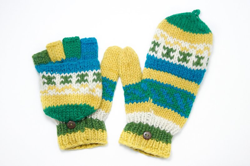 新年禮物 限量一件手織純羊毛針織手套 / 可拆卸手套 / 內刷毛手套 / 保暖手套 - 清新草地天空圖騰 - 手套/手襪 - 其他材質 多色