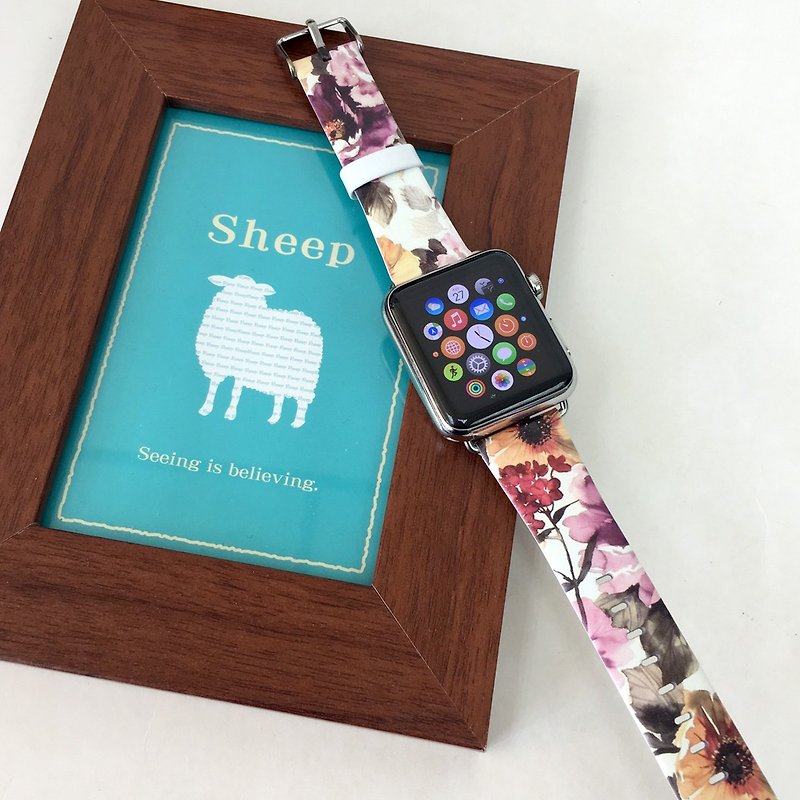 Colour Flowers Printed on Leather watch band for Apple Watch Series 1 - 5 Fitbit - อื่นๆ - หนังแท้ 