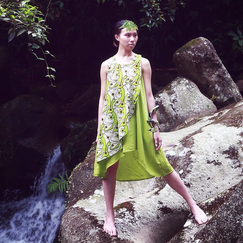 ㊕ Xiao Bei - False Long sleeveless dress oblique sheet - One Piece Dresses - Paper Green