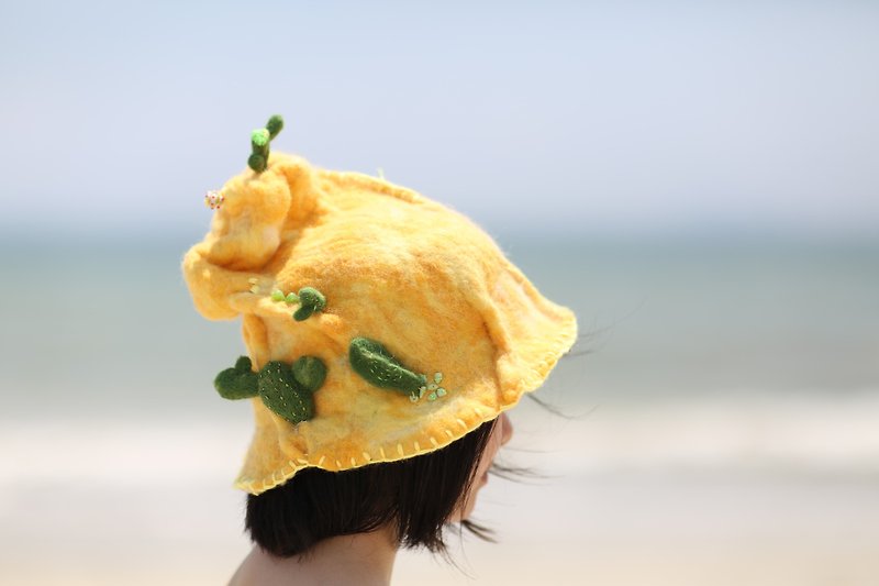 「植物系」仙人掌X沙漠 羊毛氈手工帽子 需要定做 - 帽子 - 羊毛 黃色