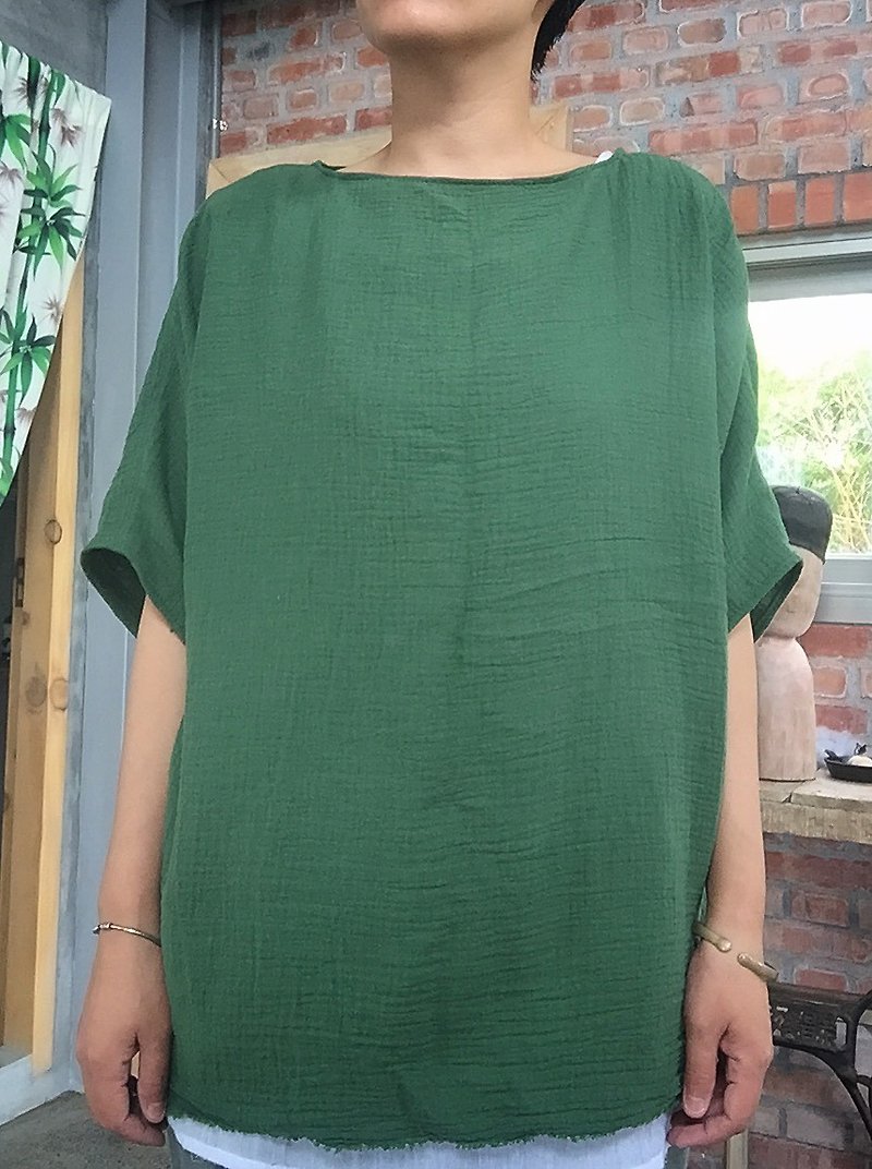 棉．麻 女上衣/長袖上衣 綠色 - 天然手作服 天然材質水洗雙編織棉綠色五分袖口袋上衣罩衫