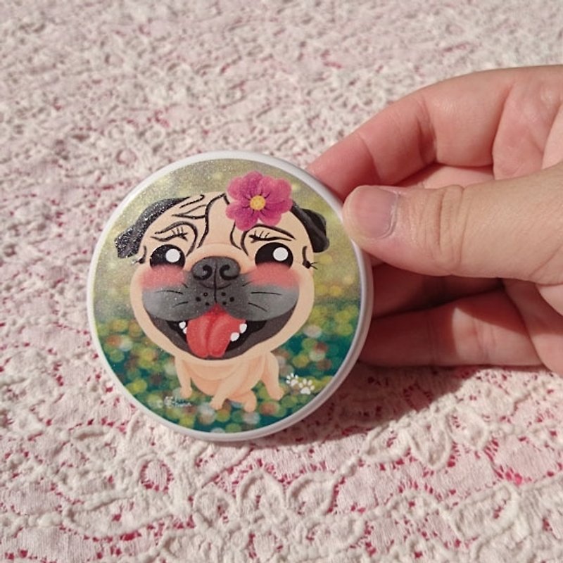 Pocket Mirror-Pug with a flower - อุปกรณ์แต่งหน้า/กระจก/หวี - พลาสติก ขาว