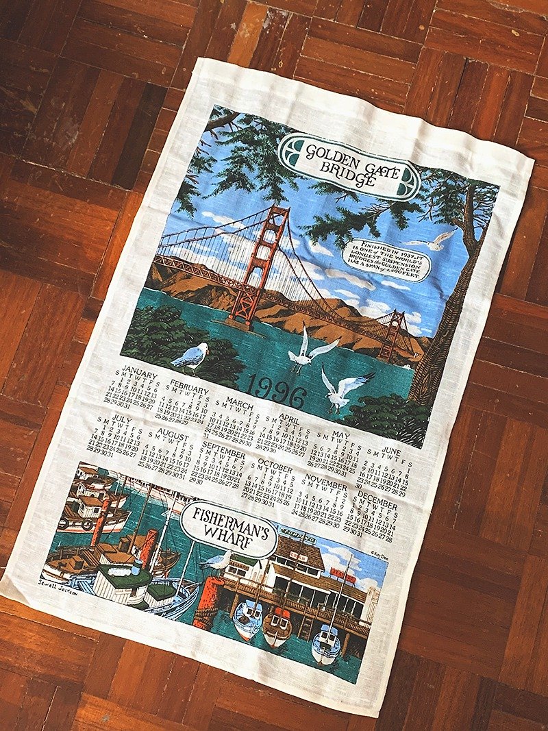 1996 American Early Cloth Calendar Golden Cafe Bridge - ตกแต่งผนัง - ผ้าฝ้าย/ผ้าลินิน สีน้ำเงิน