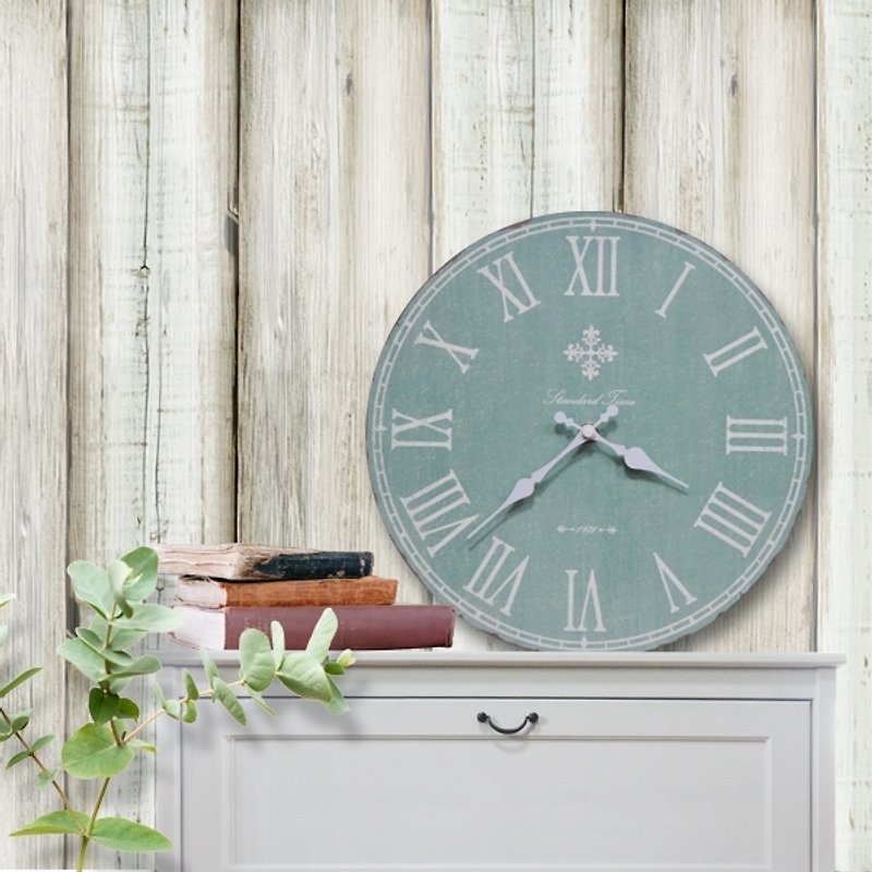 Solid wood retro wall clock-light green-grey-roman numerals-round-30cmX30cm-mute - Clocks - Wood 