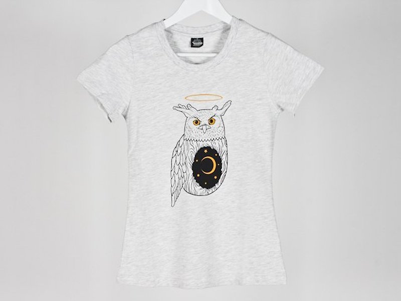 星月貓頭鷹 Owl Hand 女生 - 女 T 恤 - 棉．麻 灰色