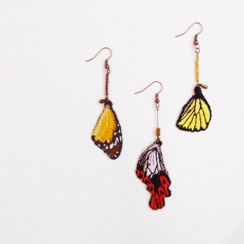 ［織林］刺繡。蝶羽耳環 / 樺斑蝶、寬尾鳳蝶、珠光鳳蝶 - 耳環/耳夾/耳骨夾 - 其他材質 橘色