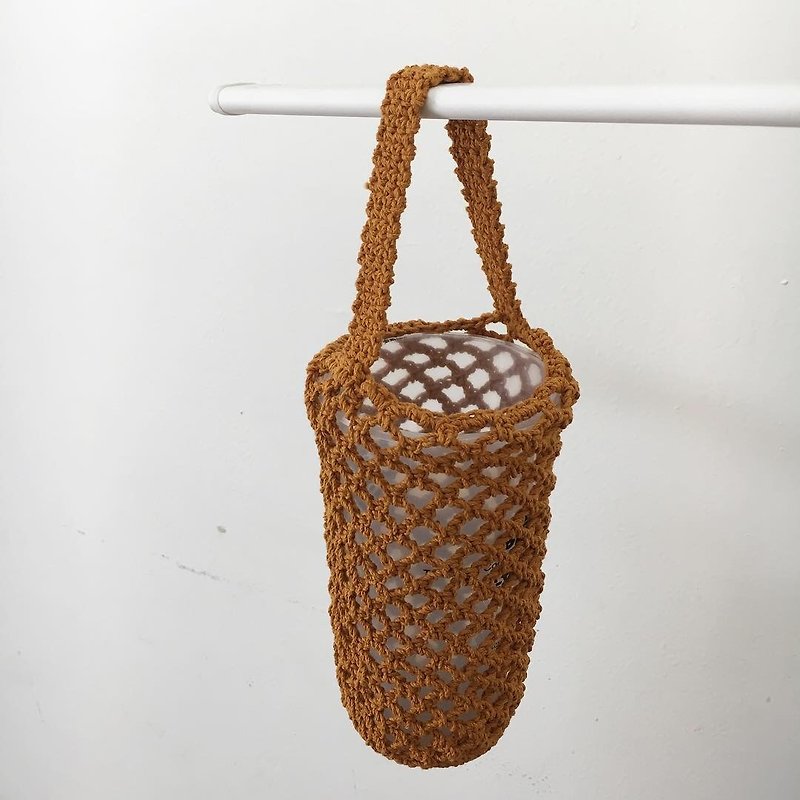 Bottled woven mesh bag, orange - กระเป๋าถือ - ผ้าฝ้าย/ผ้าลินิน สีส้ม
