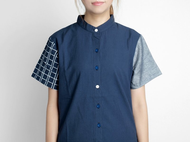 [HEYSUN] serigraphy School Series / manuscript writing exercise books hit color stitching shirt - dark blue - Women's Shirts - Other Materials Blue