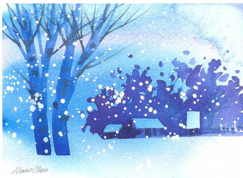 療癒系樹林系列b2-水彩手繪限量版明信片/聖誕卡 - 心意卡/卡片 - 紙 藍色