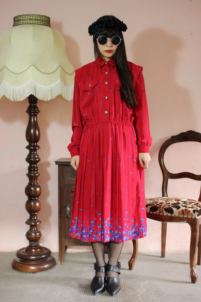 F1199 (Vintage) red flowers long-sleeved vintage dress (wedding / picnic / party) - One Piece Dresses - Other Materials Red