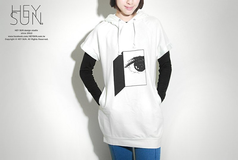 [M0256] HEY SUN independent hand-made brand ‧ Who opened the eyes of a door thick hooded drawstring pound Long TEE - เสื้อยืดผู้หญิง - ผ้าฝ้าย/ผ้าลินิน ขาว