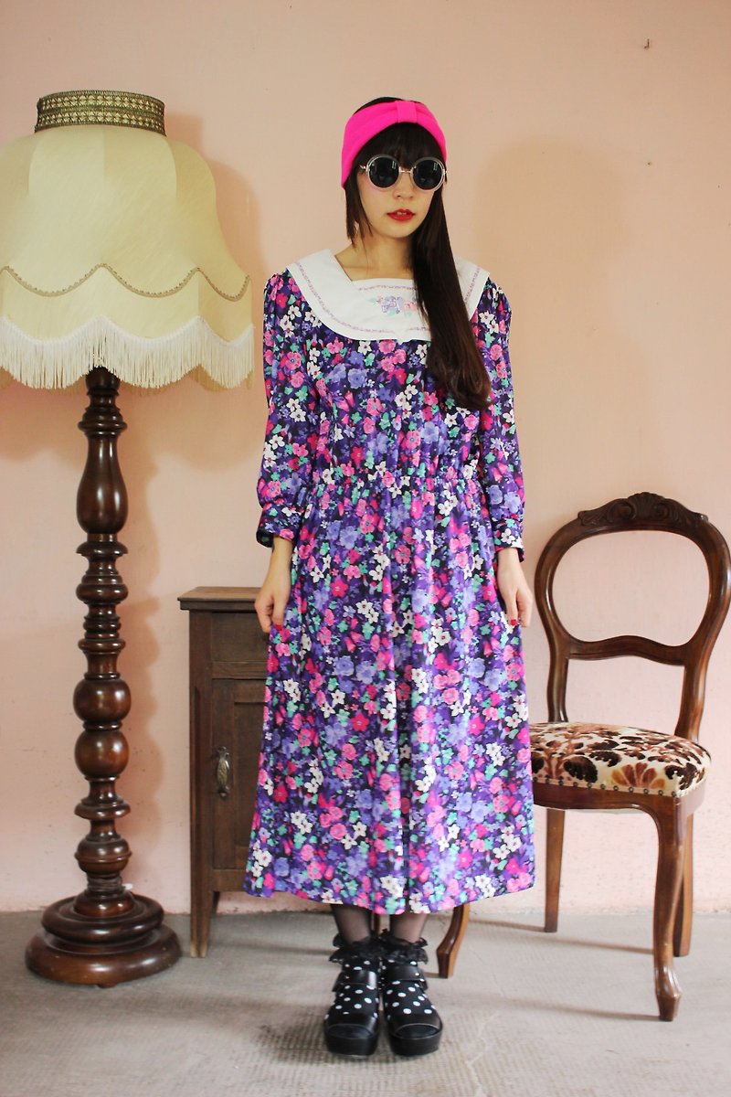 F1132 [American-made bids] (Vintage) purple flowers Ohira collar long-sleeved white vintage dress (wedding / picnic / party) - One Piece Dresses - Other Materials Purple