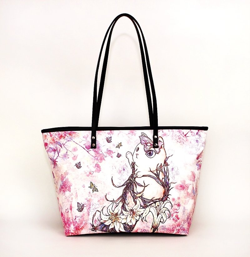 Meow good water repellent colored heels lily flower tote bag cat - กระเป๋าแมสเซนเจอร์ - วัสดุกันนำ้ 