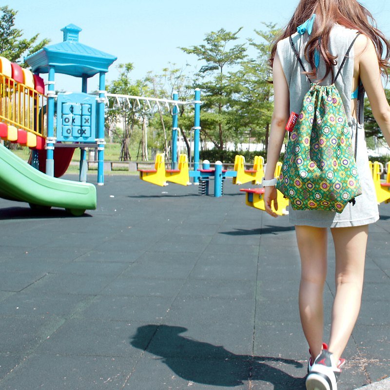 BLR 手工 印花 圖騰波波綠 束口袋 - 水桶袋/索繩袋 - 聚酯纖維 綠色