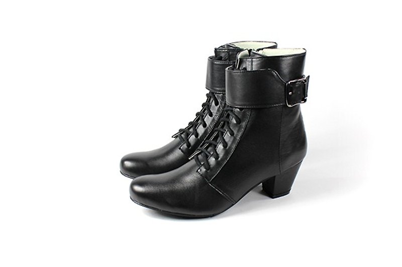 │ whims black boots straps - รองเท้าบูทสั้นผู้หญิง - หนังแท้ สีดำ