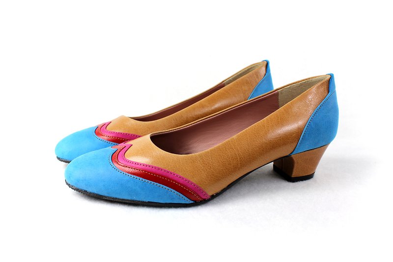 Blue Brown pointed toe low heels - Women's Oxford Shoes - Genuine Leather Blue