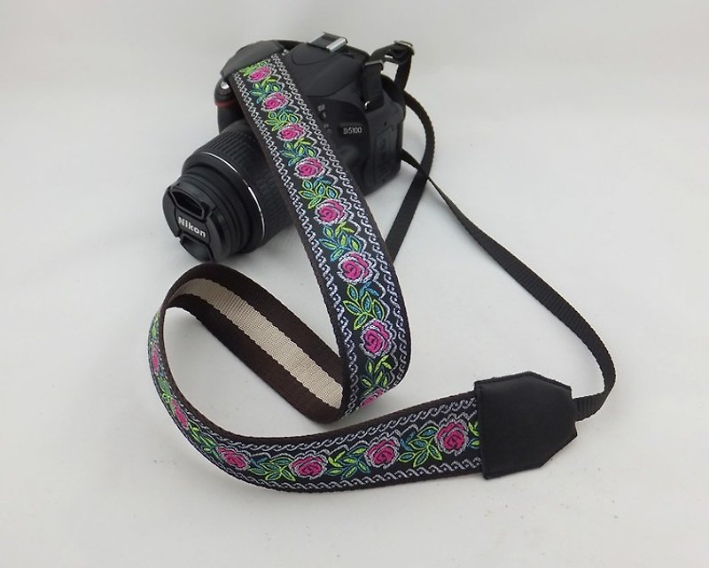 相機背帶 個性客製 可印字 真皮拼接 刺繡花紋  民族風042 - 相機帶/腳架 - 真皮 粉紅色