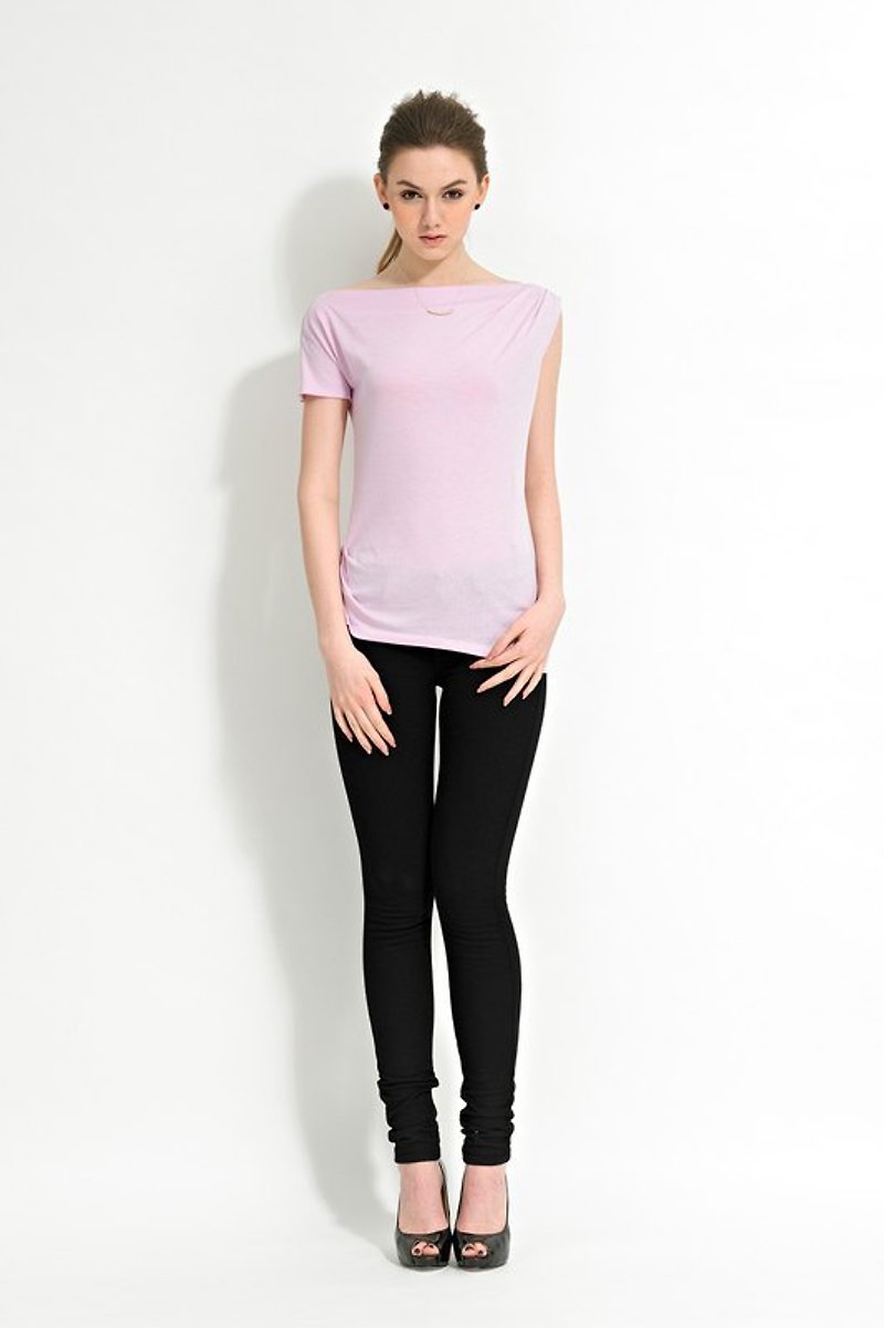 粉紫色不對稱平口上衣 - T 恤 - 其他材質 粉紅色
