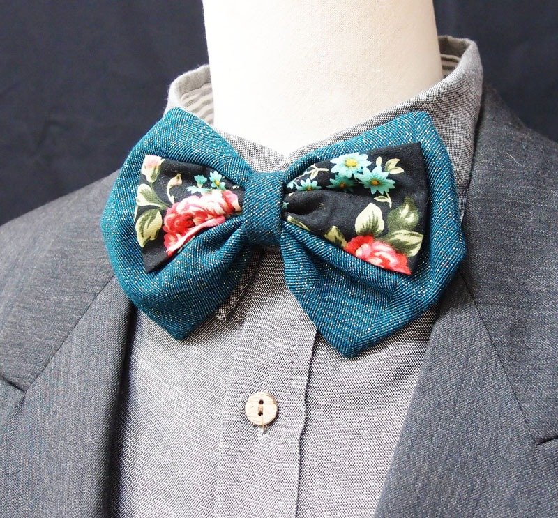 古典玫瑰孔雀綠領結 bow tie - 領帶/領帶夾 - 其他材質 黑色