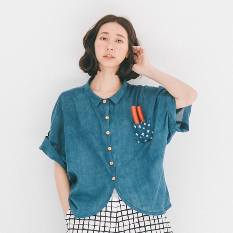 Xu Xu children [x] plant proceed as vegetable dyes Star pocket shirt (with sleeves hope) - Women's Shirts - Other Materials Blue