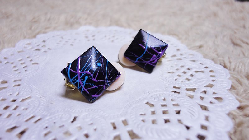 NiCorn hand made - Great Rock Season - black violet ink strip rivet retro earrings (ear clip-on) - ต่างหู - วัสดุอื่นๆ สีดำ