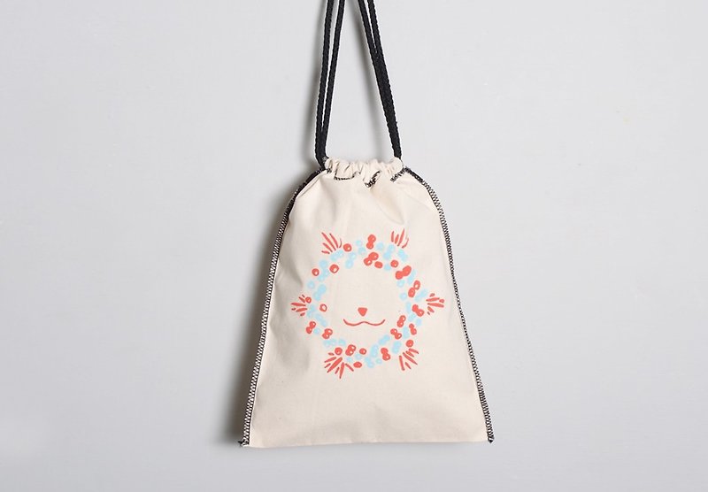 Hand-painted hand-printed fabric drawstring pocket [Christmas lion] single-sided pattern - Toiletry Bags & Pouches - Cotton & Hemp Pink