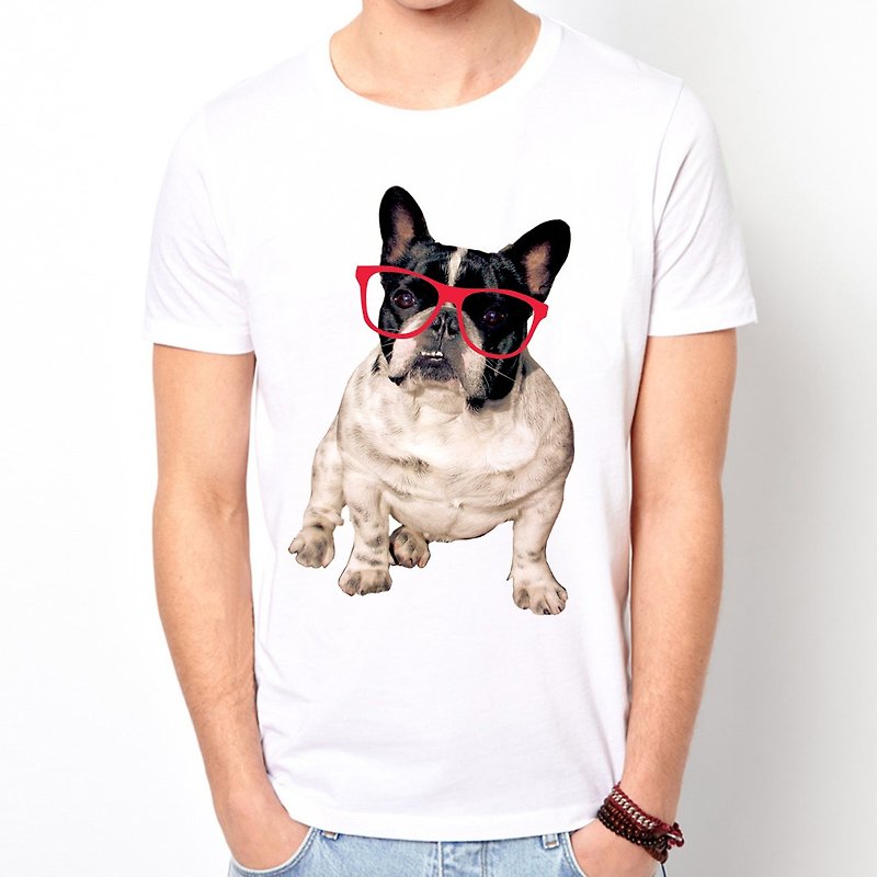 Glasses French Bulldog短袖T恤-白色 眼鏡 法鬥 狗 犬 動物 文青 藝術 設計 時髦 文字 時尚 - 男 T 恤 - 其他材質 白色