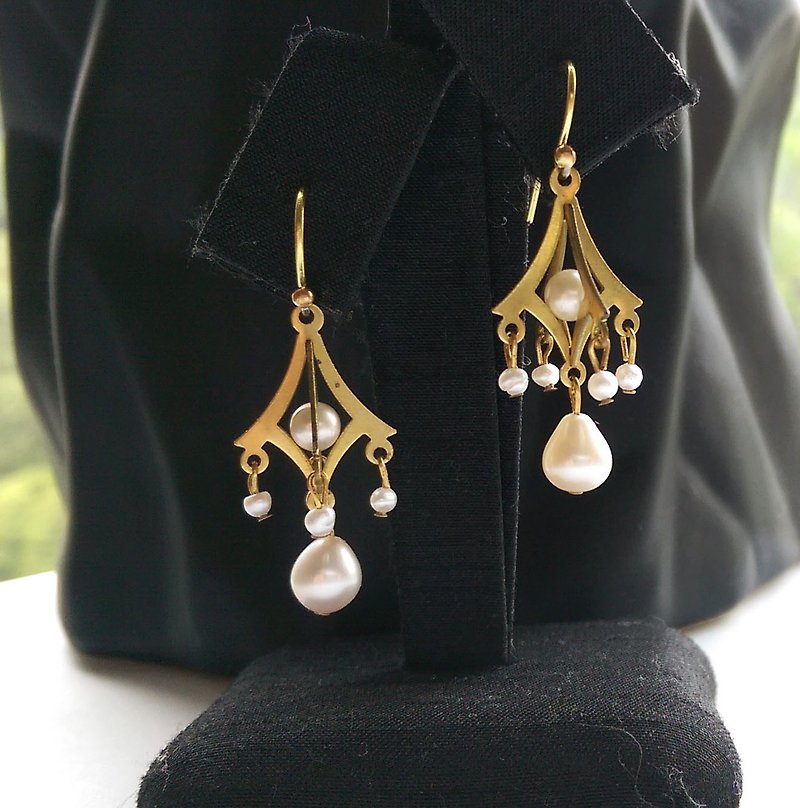 Chandelier Brass Pearl Earring - Earrings & Clip-ons - Gemstone 