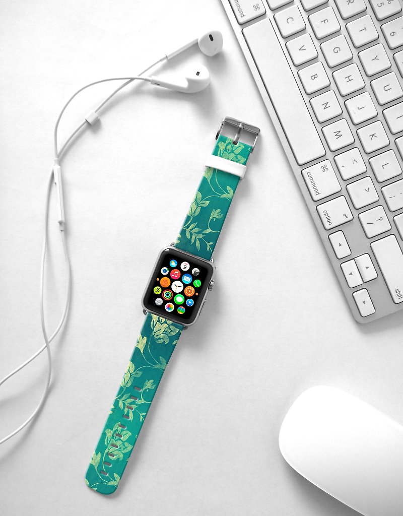 Apple Watch Series 1 , Series 2, Series 3 - Aqua Floral pattern Watch Strap Band for Apple Watch / Apple Watch Sport - 38 mm / 42 mm avilable - Watchbands - Genuine Leather 