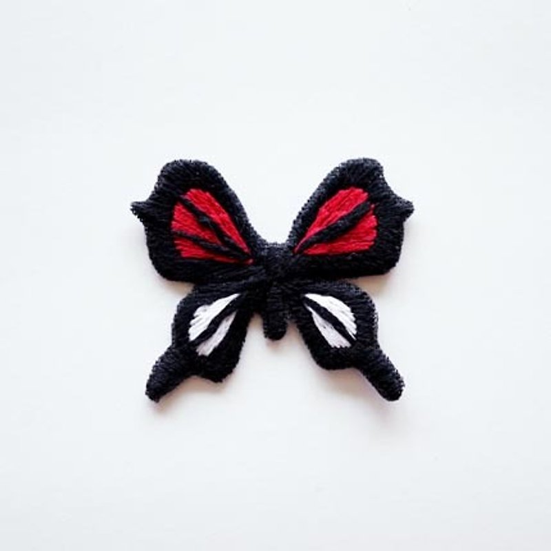 Hand-embroidered brooch with red pattern swallowtail butterfly - Brooches - Thread Red