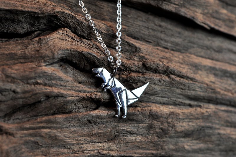 Ermao Silver[Childhood Fun-Tyrannosaurus Origami Model-Necklace] Silver - Necklaces - Other Metals Gray