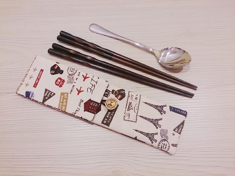環保餐具收納袋 雙層筷子袋 英倫風/米色款 雙筷套組 - 筷子/筷架 - 其他材質 多色