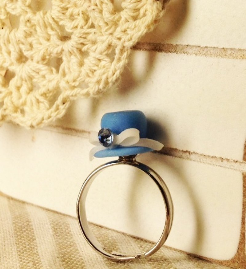 優雅蝴蝶結仕女帽/戒指/水藍色/帽子/手工限量 - 戒指 - 其他材質 藍色